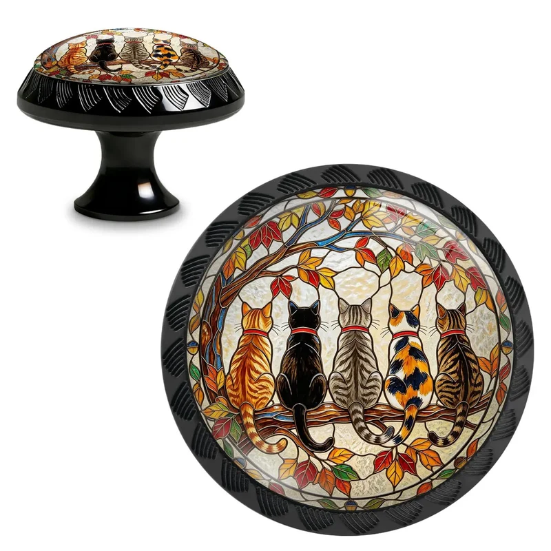 Four Pack Round Crystal Glass Cabinet Knobs Featuring Lowkey Cool Five Cats Under Autumn Leaves For Updating Old Drawers And Big Time Vibe With Every Bedroom Or Pantry Setup