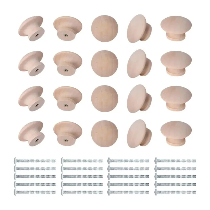Twenty Piece Set Of One Half Inch Round Unfinished Wood Drawer Knobs Mushroom Shaped Cabinet Pulls With Mounting Screws For Quick Diy Makeover Giving Your Space A Clean Slick Home Refresh