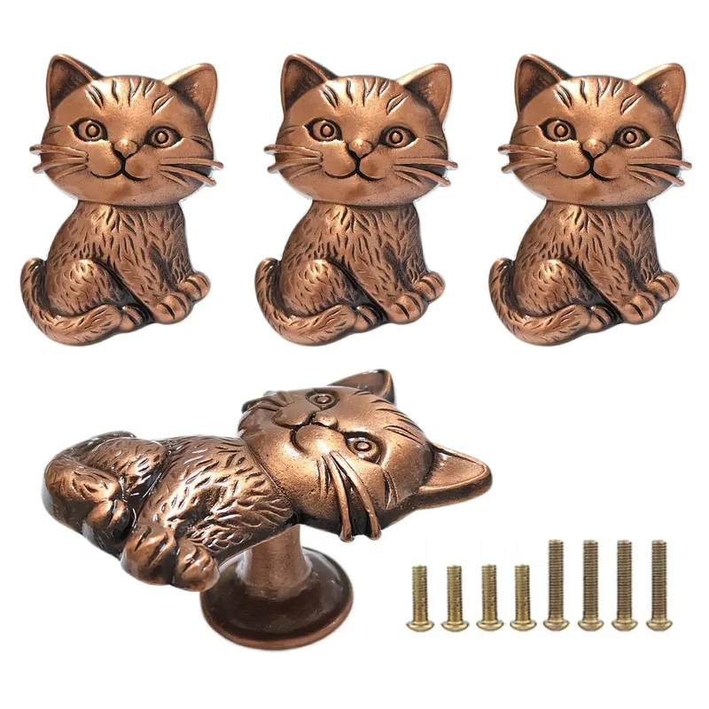 Hella Adorable 3D Sitting Cat Cabinet Knobs Four Pack Vintage Metal Drawer Pulls For Kitchen Cabinetry Upgrades With Embossed Fur Texture And A Super Chill Vibe To Liven Up Your House Today