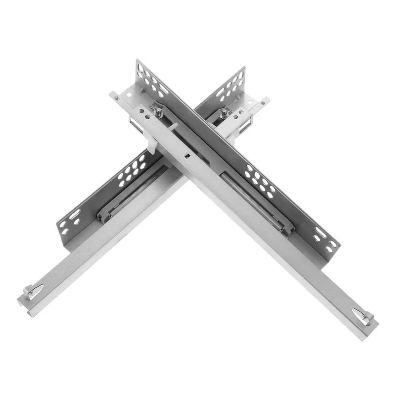 Heavy Duty Pair Of Cold Rolled Steel Bottom Mounted Drawer Slides With Fully Concealed Undermount Design For Butter Smooth Cabinet Action And Rock Solid Long Term Performance