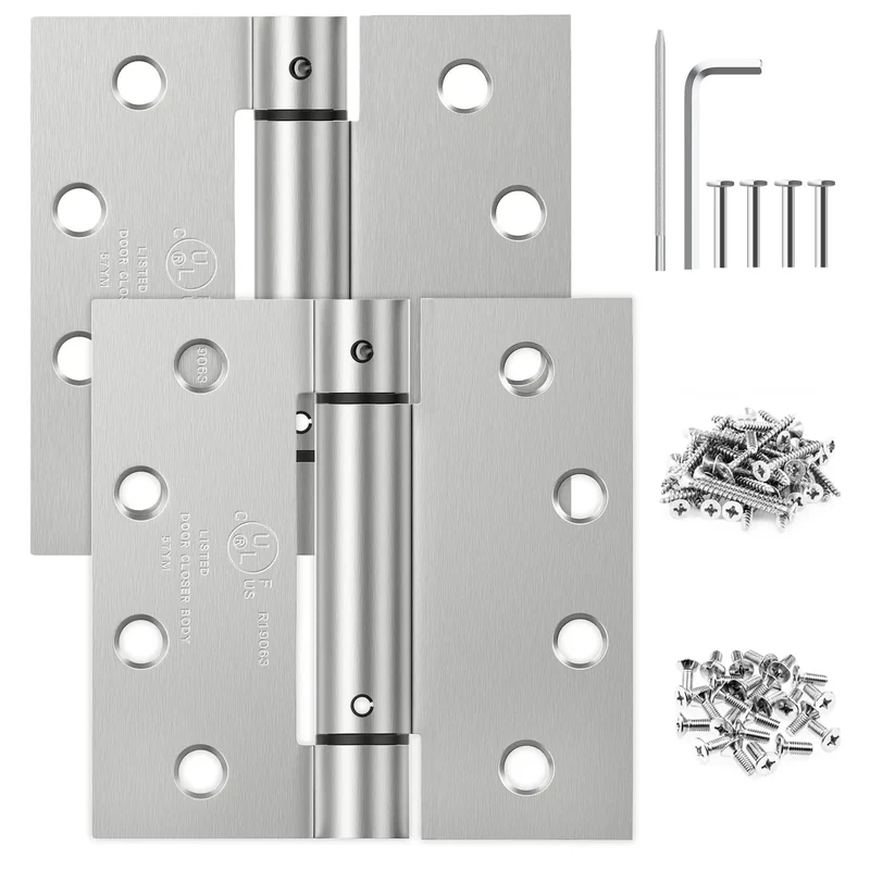 4.5 Inch Self Closing Door Hinges Brushed Nickel 2 Pack Square Spring Hinges Heavy Duty Cabinet Hardware for Bedroom Kitchen Pantry Garage Stop the Racket Solid Construction Automatic Snap Close Action