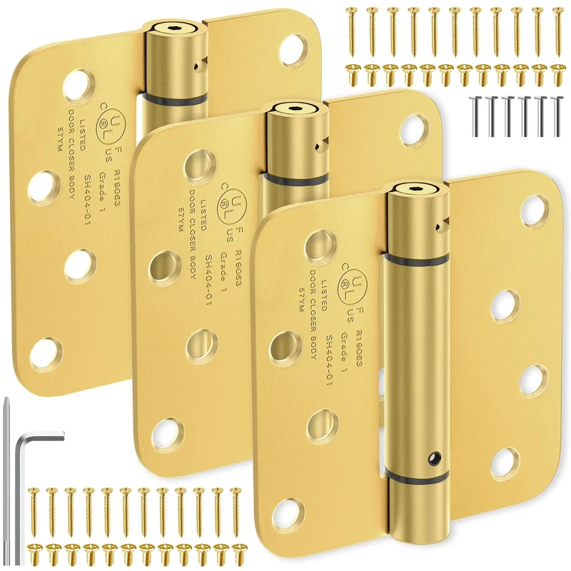 Real Deal Brushed Gold Self Closing Door Hinges Built Tough Spring Loaded Quiet Swing 4 Inch Hardware Fits Standard Corner Cutouts Ideal For Kitchens Pantries And Basements Complete Set Of Three For Fast Install