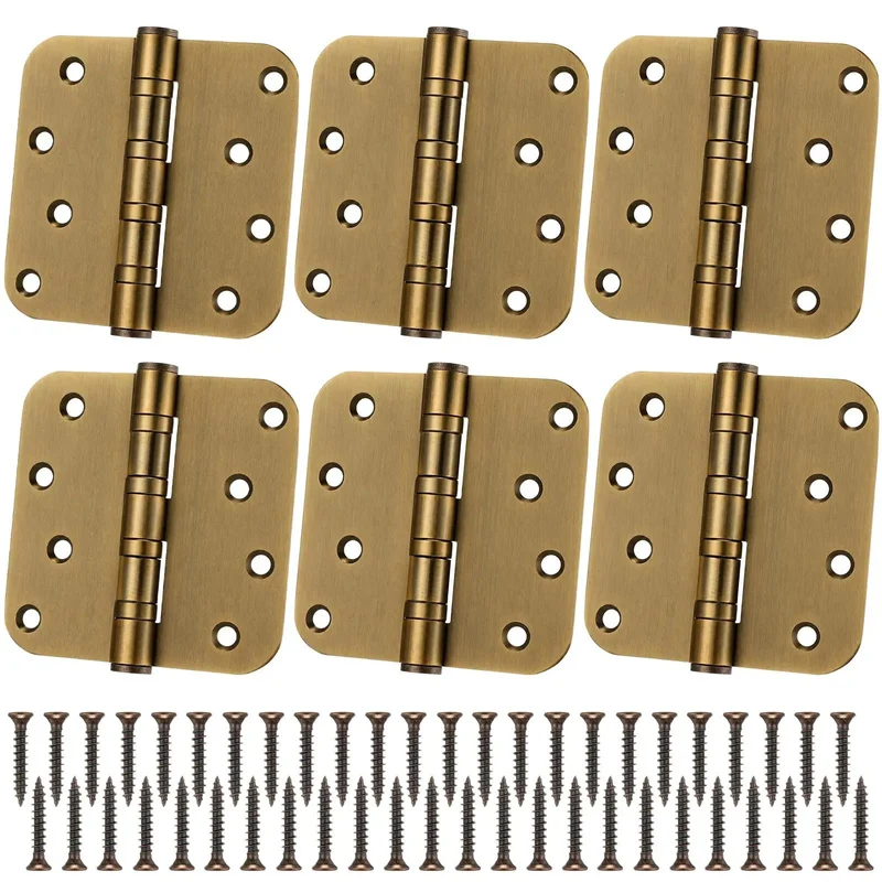 Six Piece Set Of Four Inch Ball Bearing Door Hinges With Five Eighths Inch Corner Radius Featuring Heavy Duty Brass Finish And Included Mounting Hardware For Breeze Through Installation And Smooth Swing