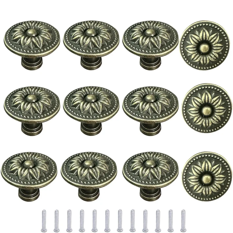 Antique Bronze Flower Drawer Knobs 12 Pack Vintage Sunburst Cabinet Pulls With Screws For Dressers Kitchen Islands Quick No Sweat Swap Dang Nice Vintage Vibe Home Hardware