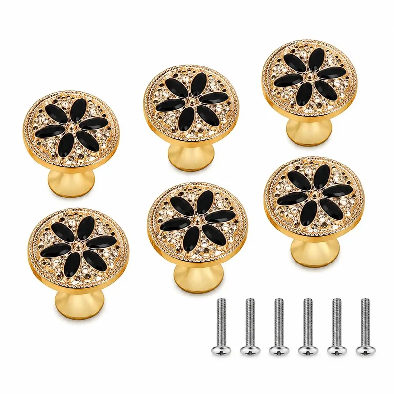 Modern Floral Cabinet Knobs With Matte Black Finish, 6 Pack Decorative Drawer Handles For Dressers And Kitchen Cupboards, Single Hole Hardware Kit With Matching Screws, Breezy Install For A Killer Room Refresh