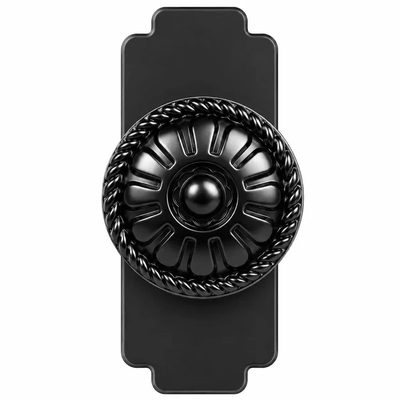 Four Pack Matte Black Cabinet Knobs With Sleek Backplates Showcasing Vintage Floral Petal Details Braided Rope Accents And Hella Durable Construction For Easy Weekend Kitchen Glow Up That Is A Total Game Changer For Any Home