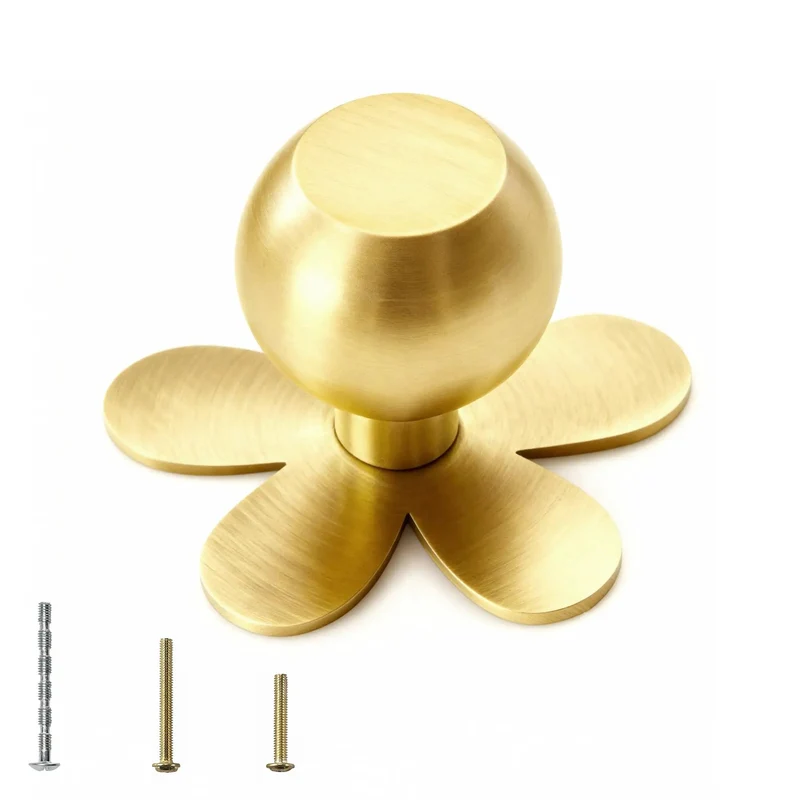 Real Deal Solid Brass Cabinet Knobs Slick Flower Backplate Brushed Gold Finish Heavy Duty Drawer Pulls Built Tough For Dressers Tarnish Proof Zero Rust Hardware Upgrade