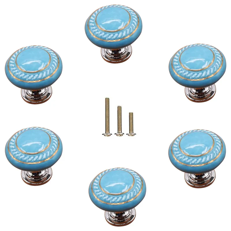 Totally Groovy Blue Mushroom Ceramic Cabinet Knobs, 6 Pack of Glossy Round Drawer Pulls for Dresser and Wardrobe, 1.38 Inch Diameter, Smooth Polish, 3 Screw Sizes Included, Home Makeover Essential