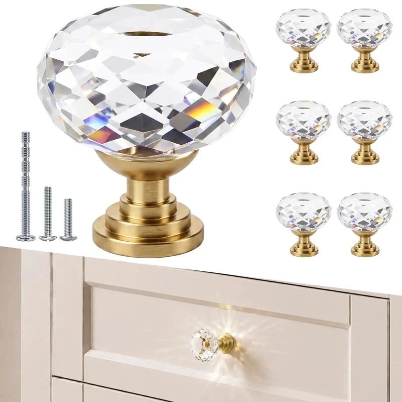 Six Pack Swanky Clear Faceted Glass Cabinet Knobs With Trendy Gold Alloy Base Dropping Major Glam On Your Dresser Bedrooms And Kitchen Cabinets Super Smooth Install With Three Extra Long Screw Options For A Totally Sick Home Refresh