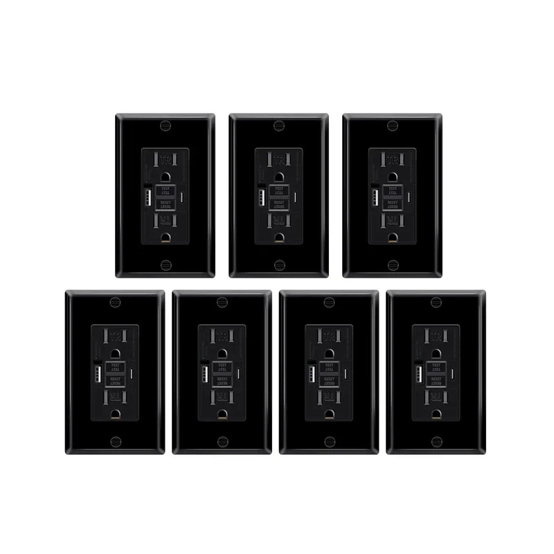 Heavy Duty Black 15 Amp GFCI Outlet With USB C And USB A Fast Charge Ports, 7 Pack Self Test Ground Fault Wall Socket With Bright LED Indicator And No Fuss Setup For Your Whole House