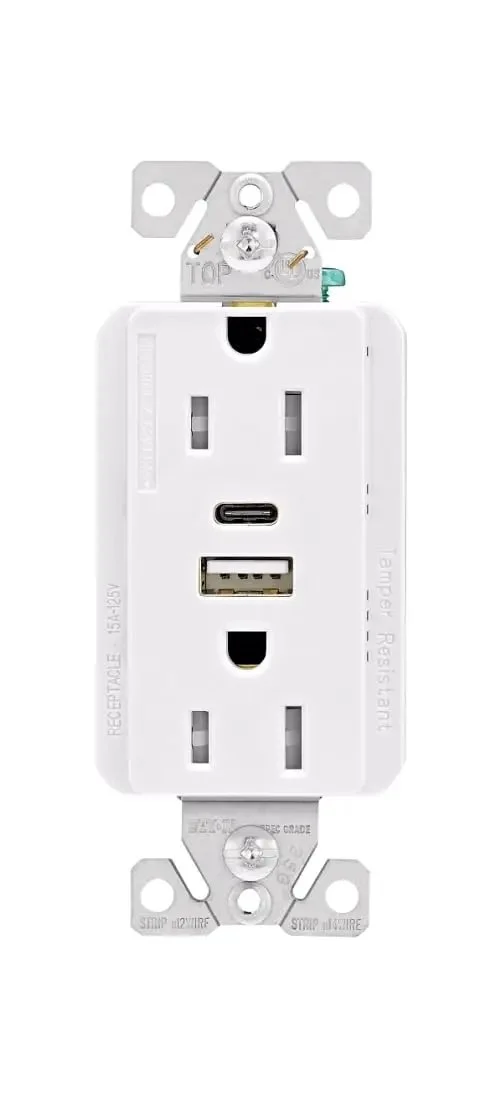 White Tamper Resistant AC Wall Receptacle With Integrated USB And USB-C Ports For Fast Device Charging 5 Amp Combined Output Nifty Plug In Solution For Kitchens Bedrooms And Offices Easy Access Power Hub Keeps Your Gear Supped Up Sleek Design Meets NEC