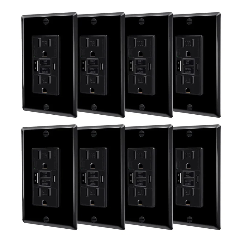 Heavy Duty Black GFCI Outlet With USB C And USB A Ports 8 Pack Self Testing GFCIs Socket Hella Durable Build No Sweat Wiring Residential Use Plus Matching Wall Plate