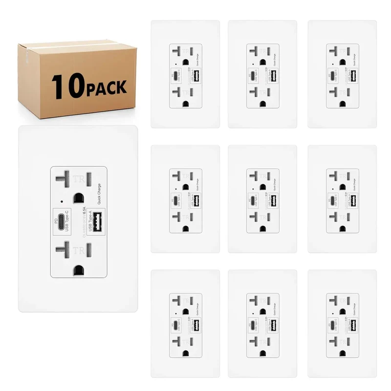 No-Nonsense Heavy-Lifting 65W GaN PD Fast Charging USB Wall Outlet With Dual Type C And Type A Ports Tamper Resistant Child Safe Protection Built For Daily Grind 10 Pack
