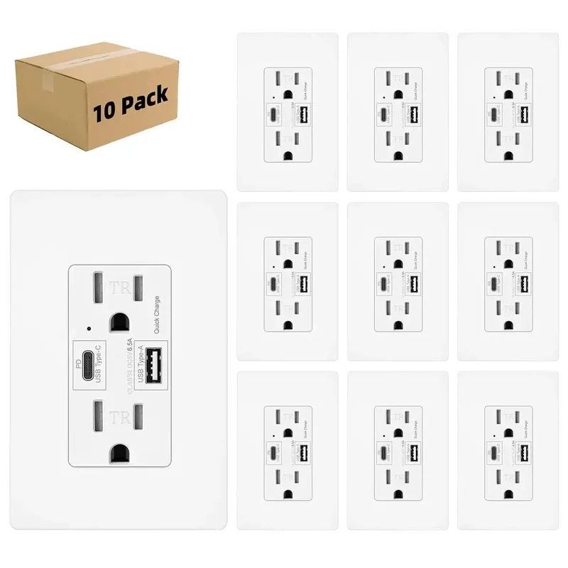 Beast Speed 65W GaN Fast Wall Charger Featuring Dual USB C And Type A Ports, Tamper Resistant UL Certified Outlet 10 Pack Zero Drama Home Power Setup