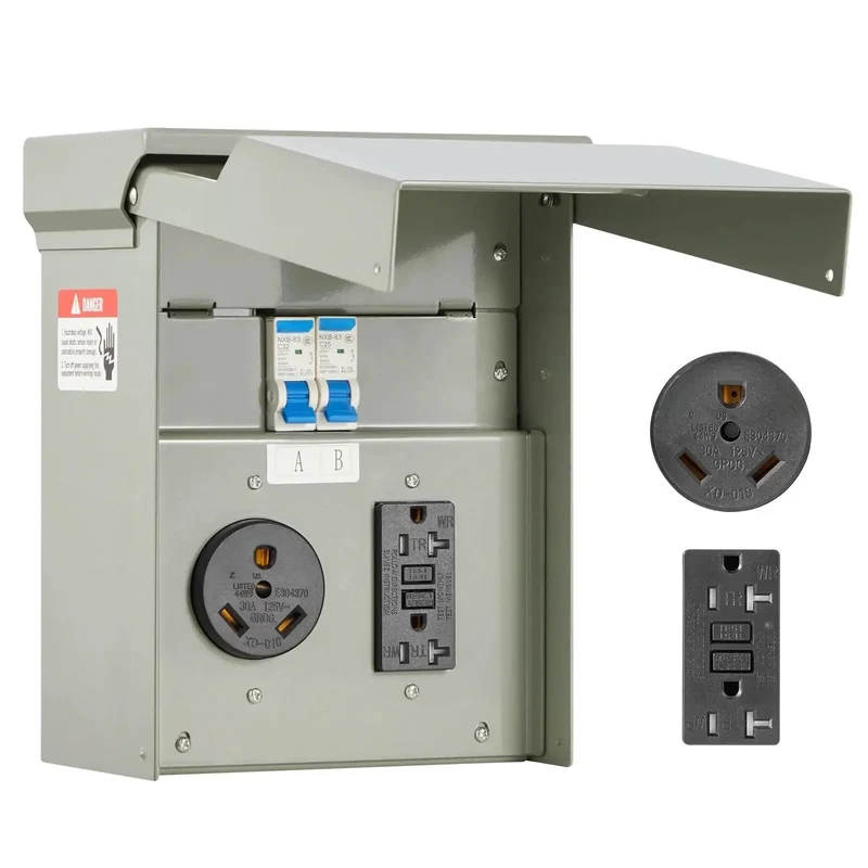 Slick Green Temporary Power Outlet Panel For Rv Rigs With 20 And 30 Amp Electrical Box Dope Heavy Duty Steel Enclosure Camlock To Nema Adapter Kit For Campground Hookups Job Site Power Solutions