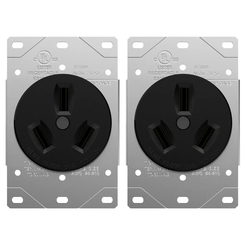 Heavy Duty NEMA 10-50R 50 Amp Black Outlet Socket, Three Wire 125/250 Volt Electrical Receptacle With Corrosion Resistant Steel Clamps, Hardcore Workhorse For Home Or Job Site, 2 Pack