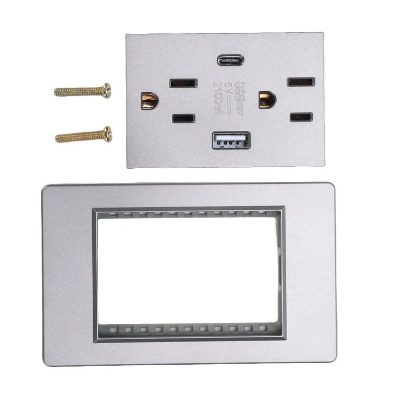 Rock Solid Grey Decorator Outlet Kit Includes Wall Plate 15A Duplex Socket With Quick USB-C Charge Ports Impact Proof Modern Electrical Receptacle For Kitchen Counter Bedroom Setup And Hotel Vibe Upgrade