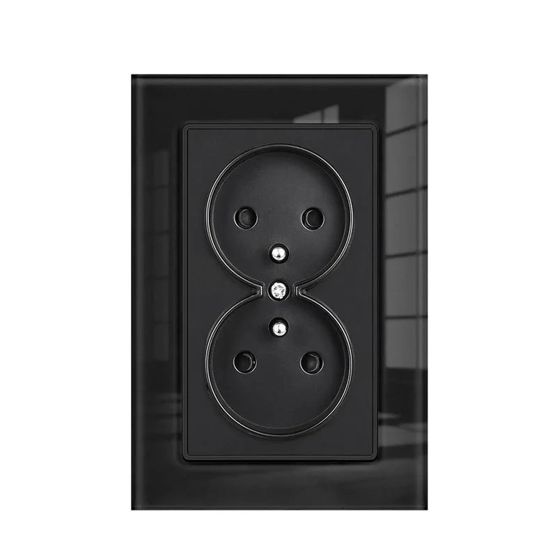Stunning French Style 16A Double Wall Socket Boasts Tempered Glass Panel And Fresh Black Look For 220V Systems Slips Into European Round Boxes Smoothly With Rock Solid Build That Hangs Tough For Crib Reno Projects 122X82mm