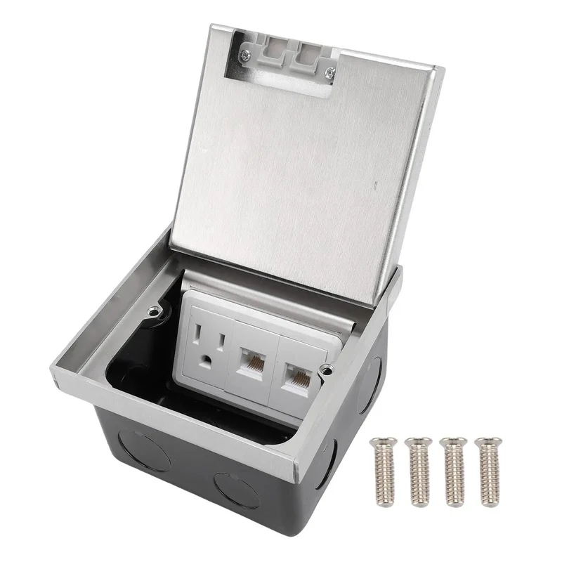 Slick Recessed Floor Electrical Outlet Kit With No Fuss Flip Lid Silver Stainless Steel Body Includes Single Three Prong Power Jack And Dual Ethernet Data Slots For Kitchen Or Home Office