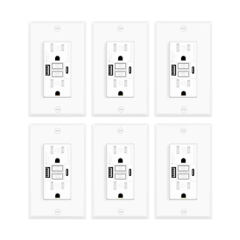 Six Pack White 20 Amp GFCI Outlet With Dual USB Charging Ports And Smart LEDs Self Test Ground Fault Protection Heavy Duty Electrical Receptacle For Quick Home Or Office Setups Includes Everything You Need