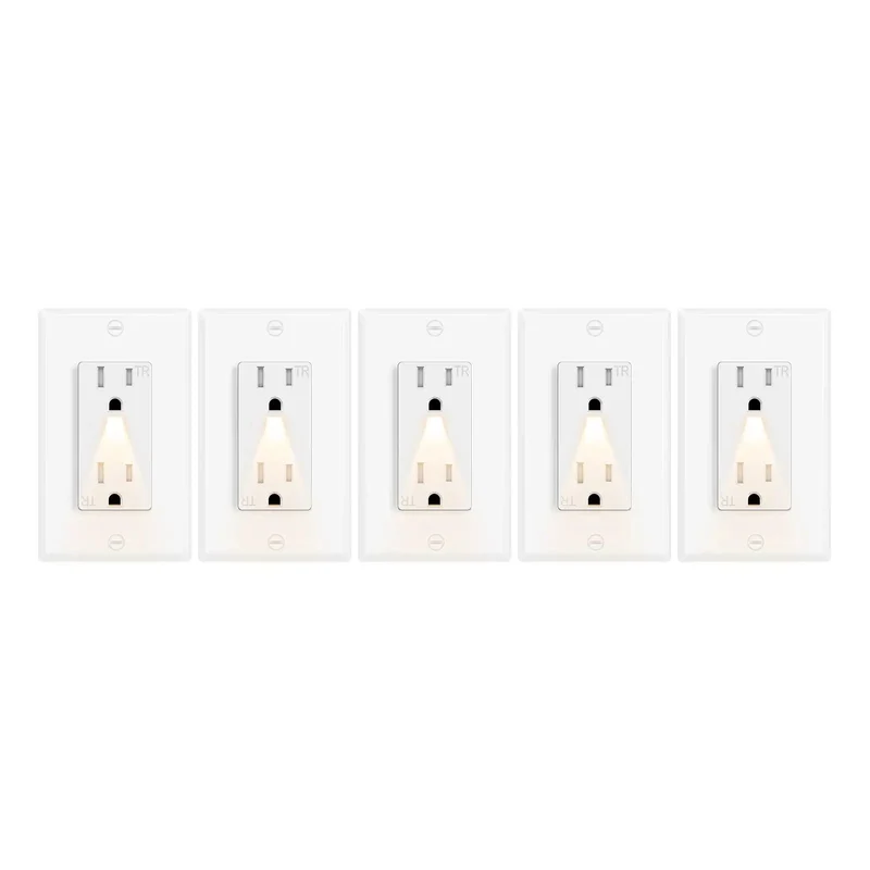 Slick White Decora Outlet With Night Light 6 Pack 15 Amp Tamper Resistant Wall Insert Self Grounding Ultra Slim Residential Grade ETL Certified Built Solid Snap Fit Install For Any Quick Fix Job