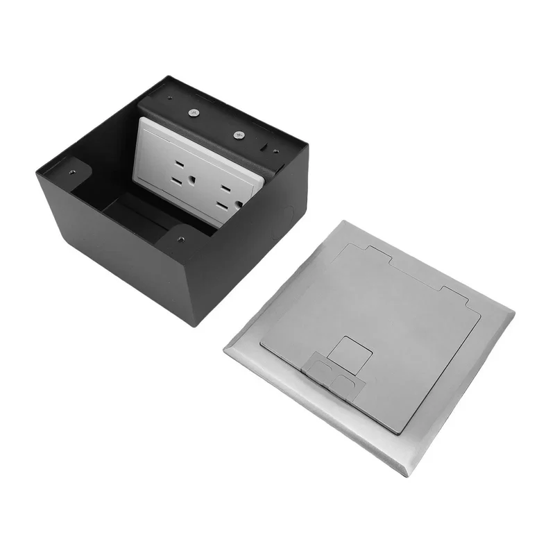 Heavy Duty Pop Up Floor Power Outlet Featuring Double Three Prong Sockets And Brushed Silver Stainless Steel Housing For Smooth Push Pull Action And No Sweat Setup In Bustling Spaces