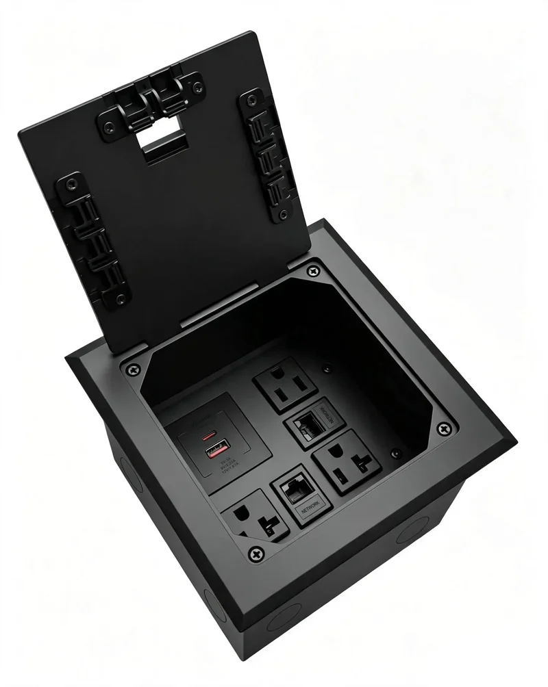 Slick Flush Mount Recessed Floor Outlet Box With Flat Hidden Socket Kit Featuring Top Shield Tamper Proof Receptacles Pd Type C Ethernet Ports And Quick Charge Gear