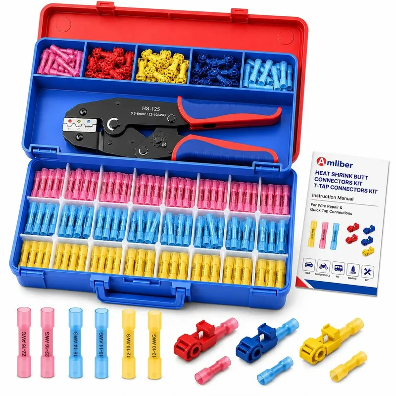 Shop Grade Heat Shrink Butt Connector And T Tap Splice Kit With Heavy Duty Wire Crimper 250 Piece Assorted Terminals 22 To 10 Awg For Quick Garage Wiring Repair And Main Street Fixups