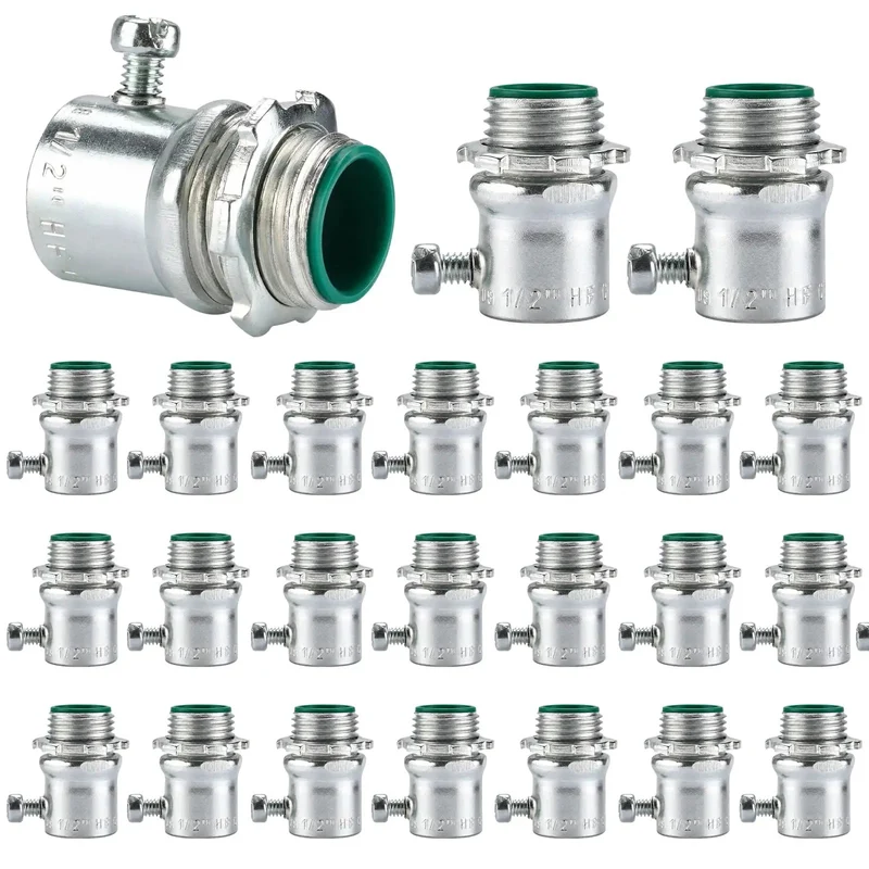 Rugged 1/2 Inch EMT Set Screw Connector With Insulated Throat Protection And Corrosion Resistant Zinc Plated Steel For Secure Electrical Conduit Connections In A Heavy Duty 25 Pack For Tradesmen And Diy Guys Doing Quick Wiring Work Indoors