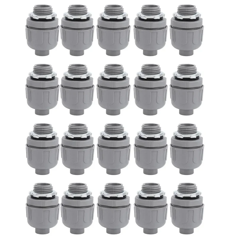 Twenty Pack 12 Inch Npt Liquid Tight Conduit Connectors Made From Heavy Duty Nylon 6 Non Metal Casing Featuring Tough As Nails Construction And Fire Resistant Ratings For Grind Ready Wiring Applications On Rough Sites