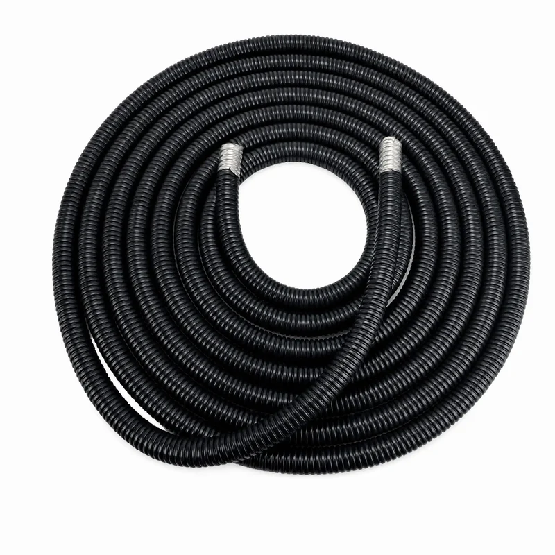 Built Tough Workhorse Corrugated Flexible Conduit Pipe With Compression Fitting Connector For Electrical Cable Routing And Wiring Harness Protection Rated At 20 Bar Pressure In A Sturdy 19 Millimeter Coil