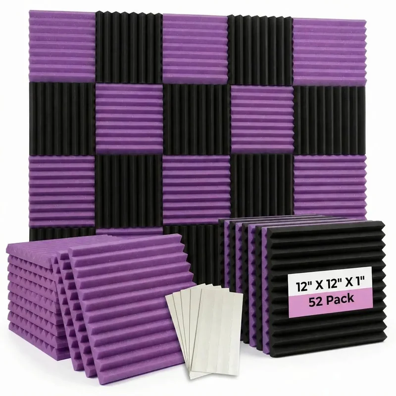 Big Time Kickass 52 Pack Acoustic Foam Wedge Tiles 12X12 Inches Black And Purple Sound Absorbing Panels For Home Studio Setup Includes Heavy Duty Double Sided Adhesive Tape For Pro Acoustics