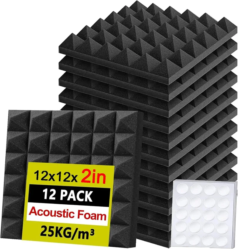 Twelve Pack High Density Pyramid Acoustic Foam Wall Panels With Strong Self Adhesive Backing Sound Proof Tile Blocks Chatter Zero Echo Tight Home Recording Setup