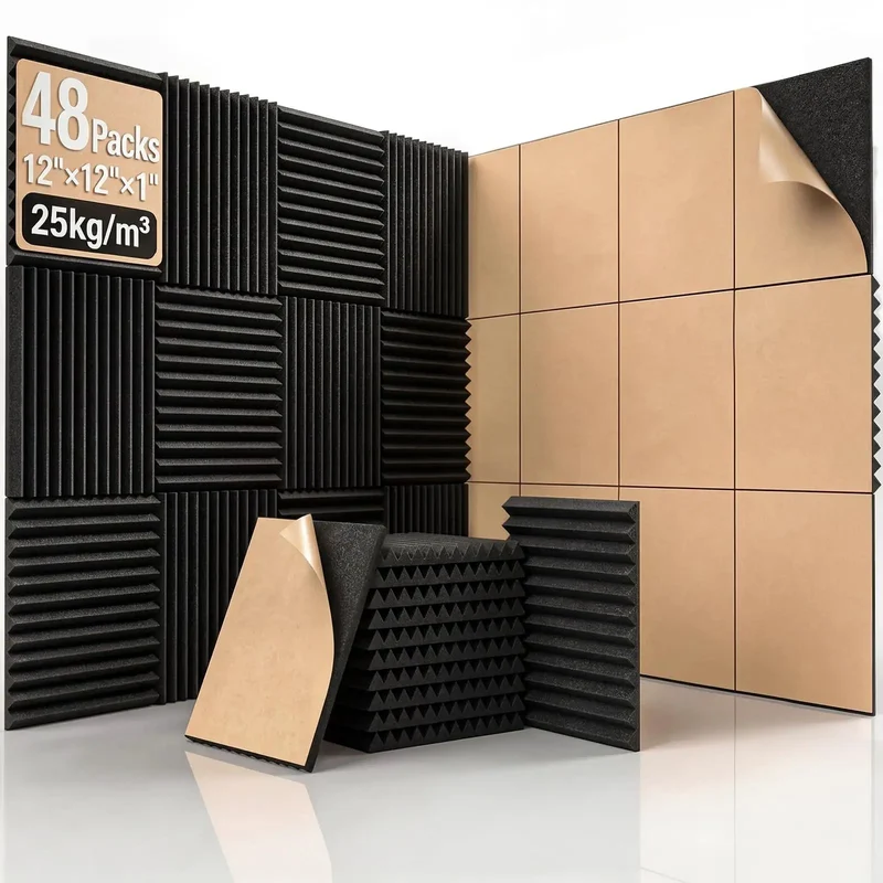 No Sweat Peel And Stick Acoustic Foam Panels 48 Pack Self Adhesive Sound Proofing Wedges One Inch Thick Triangle Wall Tiles For Home Studios And Gaming Setups Quick Install Fast Recovery Design Snaps Back