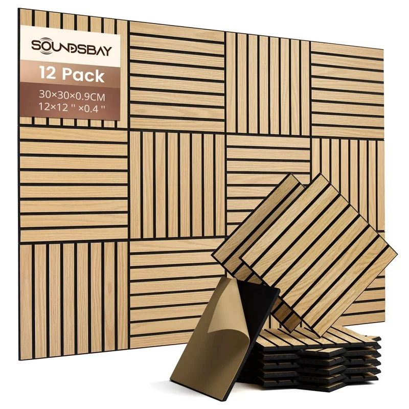 Heavy Duty Peel And Stick Acoustic Wall Tiles 12 Pack Sound Absorbing Panels 12 X 12 Inch High Density Poly Fiber Self Adhesive Noise Dampening Pads For Gaming Room Home Studio Echo Busting Oak Wall Decor