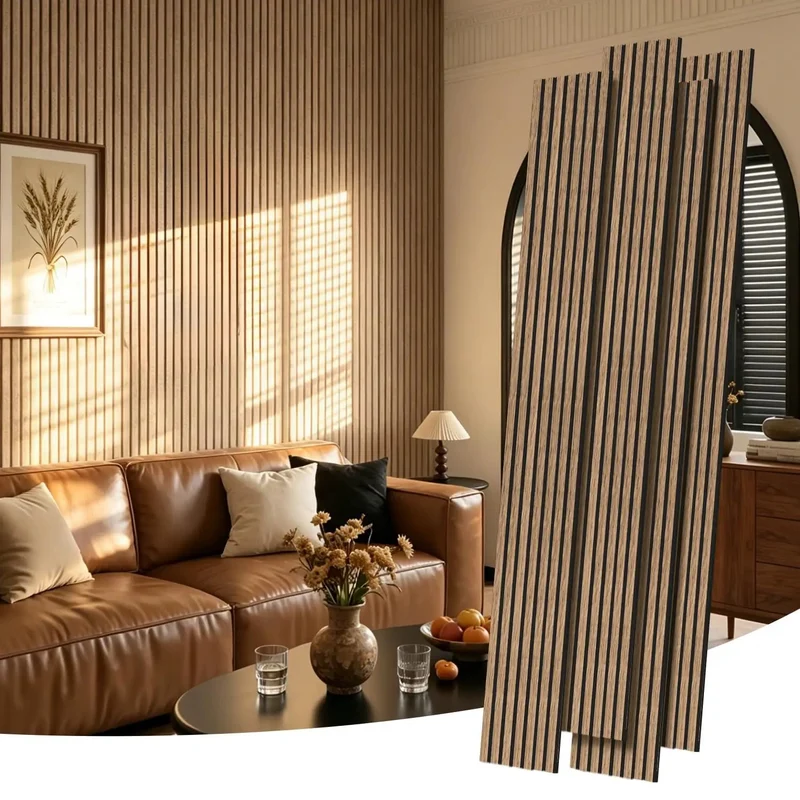 Level Up Your Studio Vibe With These 4 Pack 3D Wood Slat Wall Panels In Natural Walnut For Acoustic Sound Absorbing Home Office Decor That Completely Slays And Kills Room Echo