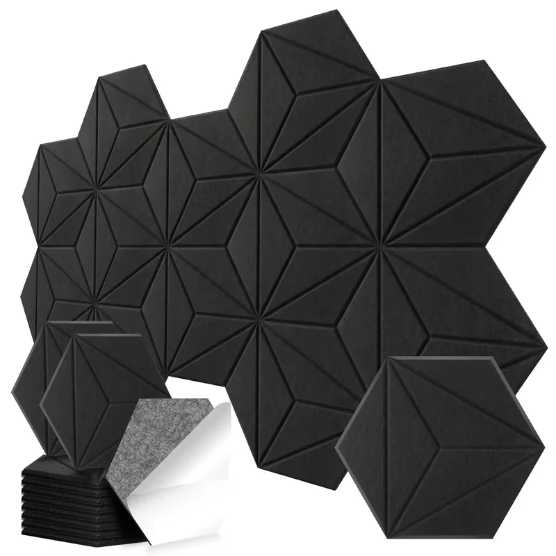 12 Pack Hexagon Acoustic Foam Panels Wall Mounted Self Adhesive Sound Proof Noise Reducing Studio Decor Heavy Duty Black Easy Install Glides On Knocks Echoes Dead Top Tier Build Perfect Room Refresh Smooth Sound Management Done