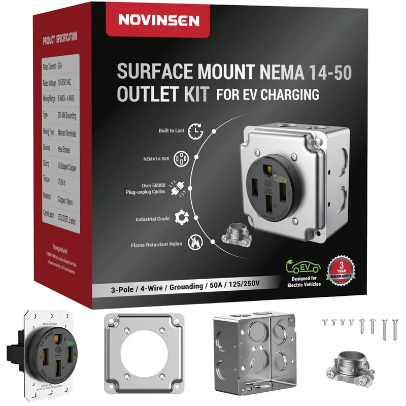 Slick Wall Mount Nema 14-50 Outlet With Surface Mount Box Kit For Smooth Level 2 Ev Charging, 50 Amp Plug And Play 240V Receptacle Perfect For Garage Wiring And Rv Hookups, Etl Tested Black