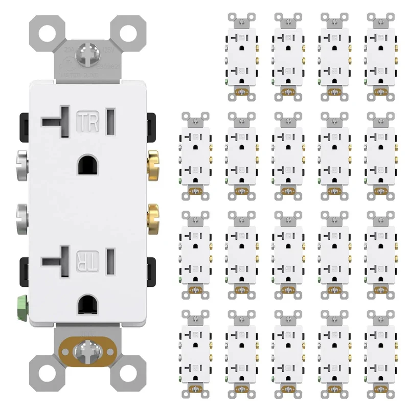Heavy Duty 20 Amp Tamper Resistant Decorator Outlet Nema 5-20R Residential Receptacle With Self Grounding Terminal UL Certified White Wall Socket 20 Pack Badass Sturdy Build And Plug And Play Setup
