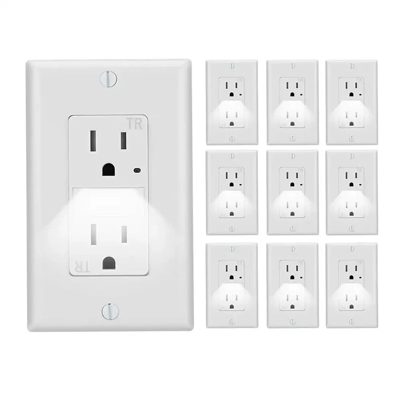 Top Shelf Electrical Outlet With Slick Led Night Light And Auto Dusk To Dawn Sensor Tamper Resistant Plug And Play Hassle Free Includes Matching Wall Plates Tough 15 Amp Pack Of Ten Crisp White