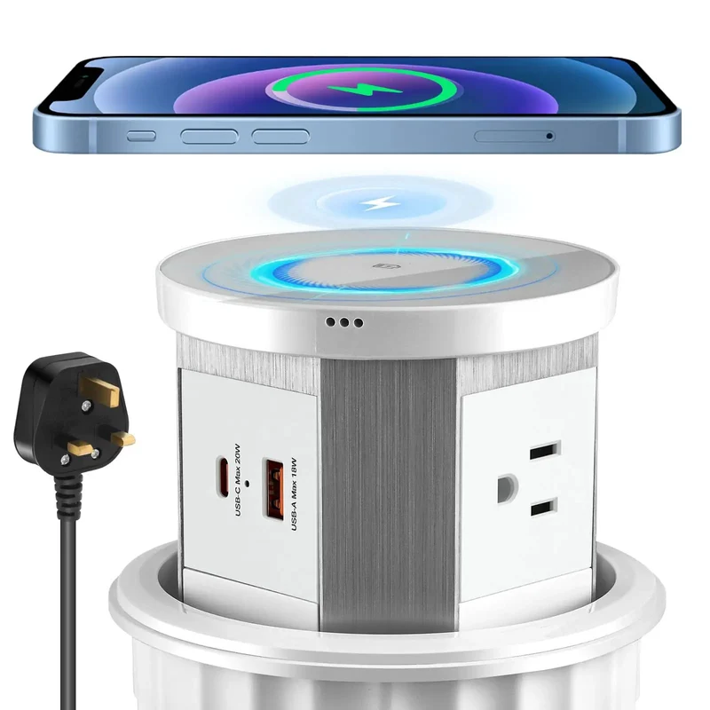 Splash Resistant Pop Up Countertop Outlet With 15W Wireless Charger And Dual USB Ports For Instant Plug And Play Setup Three Grounded Ac Outlets No Sweat Home Kitchen Upgrade White