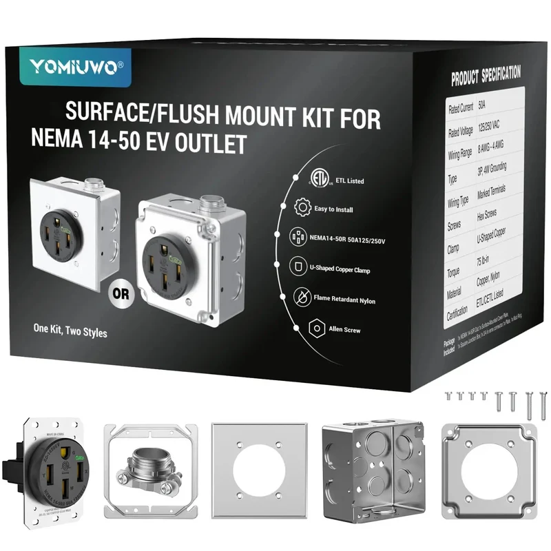 Nema 14-50 EV Charging Wall Socket Kit Featuring Dual Flush or Surface Mount Plates Plus 50 Amp Heavy Duty Receptacle Built Like a Tank With Easy Plug In Simplicity and Safe Grounding Always