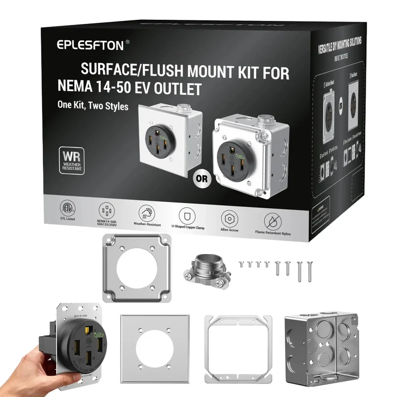 Nema 14 50 Ev Outlet With Surface And Flush Mount Box Kit, Weather Durable 50 Amp Electric Vehicle Charging Receptacle, Outdoor Black Car Plug Station, Etl Rated For No Sweat Wiring