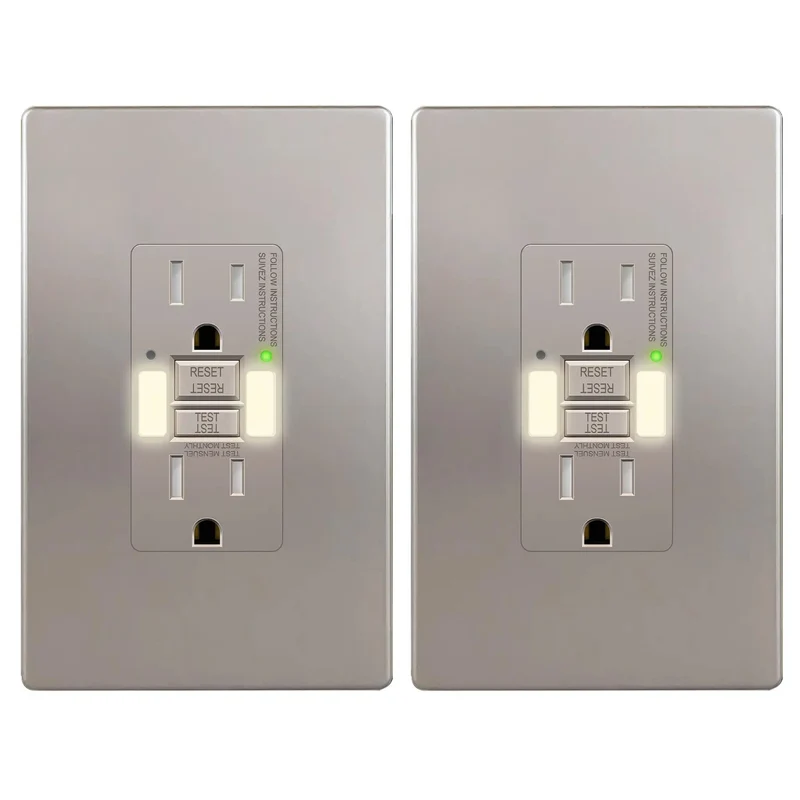 Brushed Nickel GFCI Outlet With Integrated LED Night Light Tamper Proof Receptacle Screwless Cover Fast Ground Fault Protection For Damp Areas Vibe Ready Setup And Hella Bright Lighting Pack Of Two