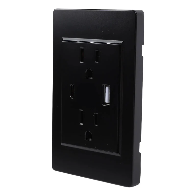 Dual Wall Outlet Box With Integrated Usb C Juice Ports Slick Slim Profile Solid Build 15 Amp Electrical Receptacle Panel Quick Charge Matte Black Finish Hassle Free Install For Modern Home Office Setups