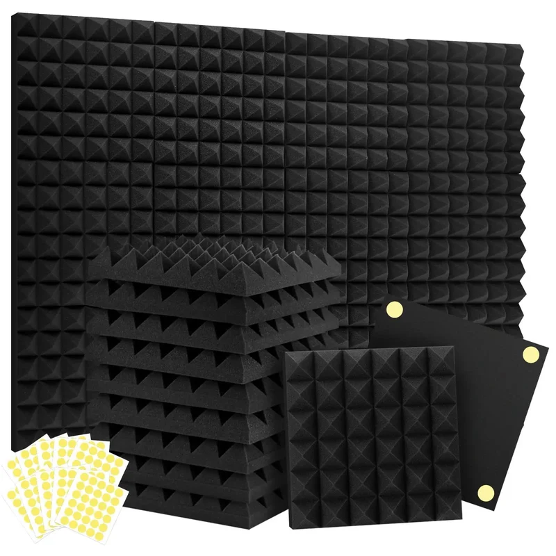 24 Pack 2x12x12 Pyramid Foam Acoustic Panels With Reusable Adhesive Squares Sound Proof Wall Tiles For Noise Absorption Echo Control No Sweat Install For Home Studio And Office