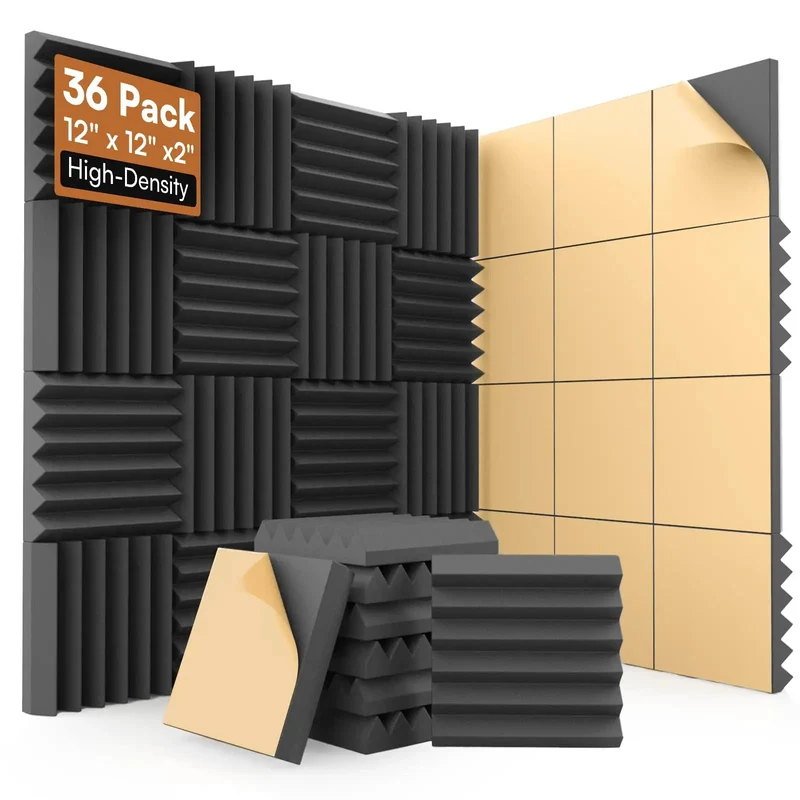 Premium Soundproof 36 Pack Wedge Acoustic Foam Panels Self Adhesive Wall Tiles High Density Fire Resistant Audio Dampening Treatment For Home Studio And Gaming Den Room Vibes Black