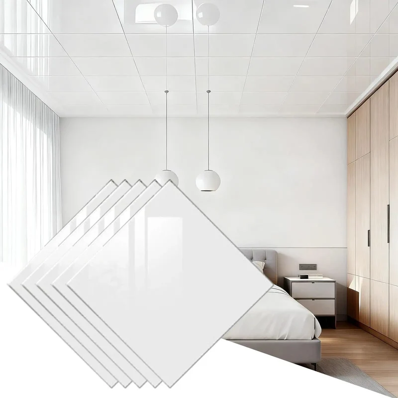 Hella Durable White Glossy Peel And Stick Ceiling Tiles With Ultra Thick Soundproof Pvc Foam Panels For Streamlined Diy Drop Ceiling Refresh No Fuss Home Decor Upgrade 10 Count
