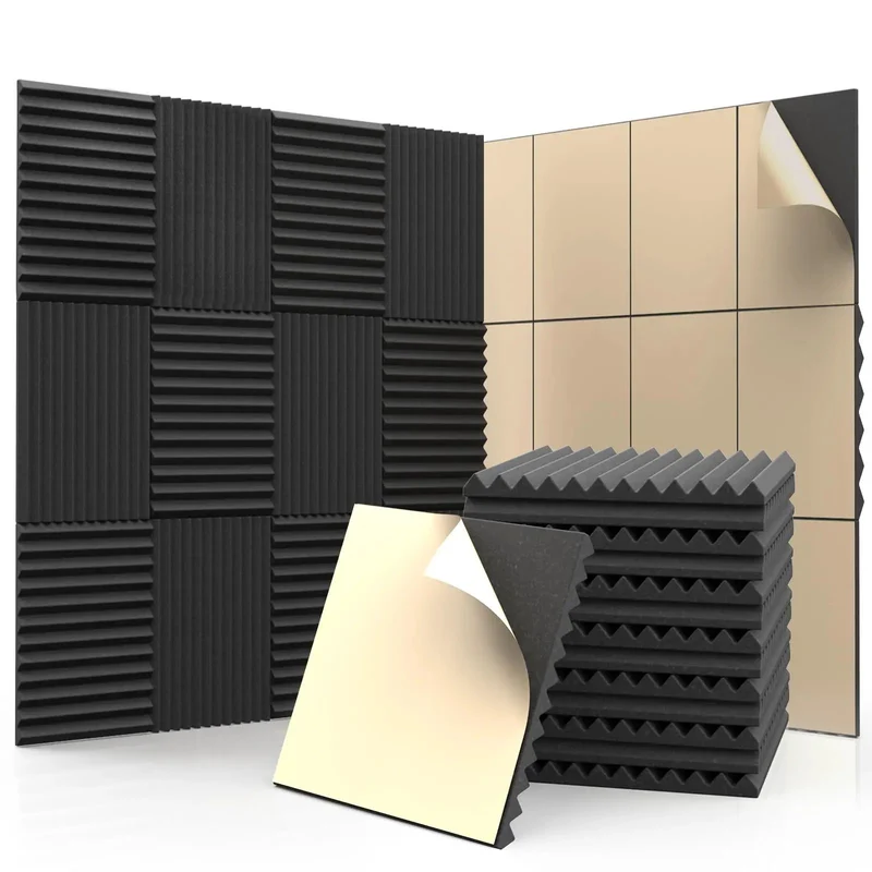 Top Shelf Studio Gear 48 Pack Premium High Density Acoustic Foam Panels 12 By 12 Inch Wedge Design Sound Absorbing Wall Tiles For Badass Home Recording Setup