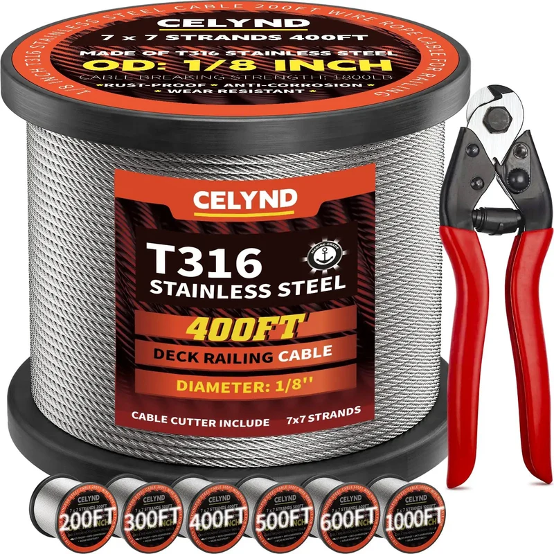 Kickass Marine Grade T316 Stainless Steel Wire Rope Cable 400 Ft One Eighth Inch Heavy Duty Deck Railing Antirust Corrosion Resistant Outdoor Indoors No Fuss Setup